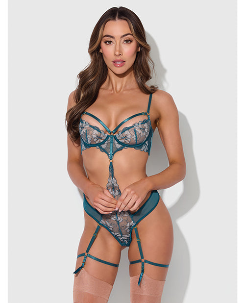 House of Desire Nova Lace Teddy w/Garters - Jade Blue SM