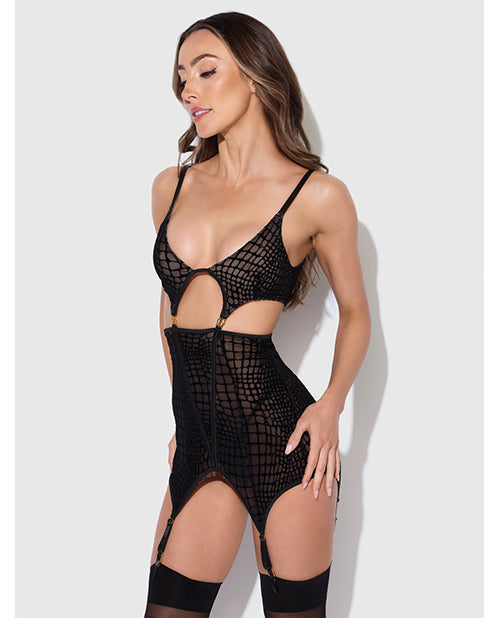 House of Desire Snake Velvet-Burnout Mesh Chemise & G-String Set - Black LG