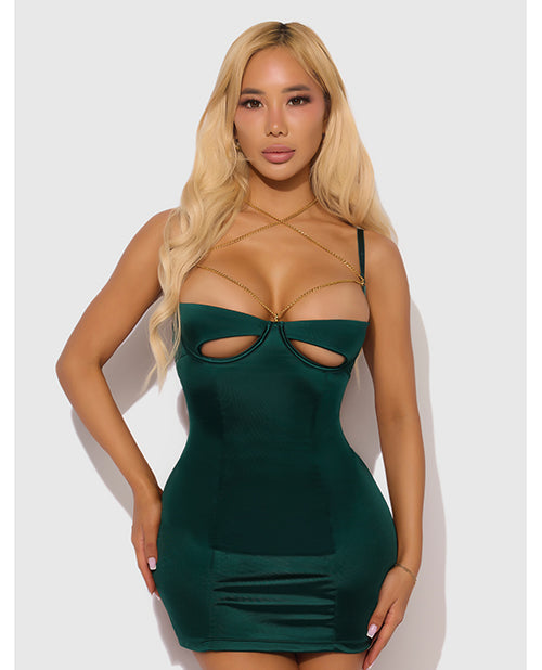 House of Desire Evangeline Satin & Chain Open Cup & Back Chemise & G-String Set - Green LG