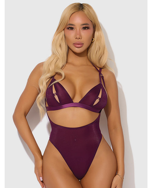 House of Desire Yasmine Shimmer Mesh Slit Cup, Backless Teddy & Bralette Set - Burgundy XL