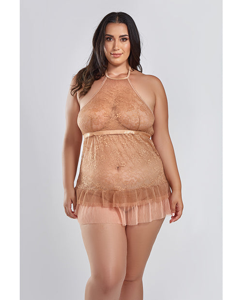 iCollection Lingerie Amber Halter Lace Babydoll w/Tiered Pleated Mesh Skirt Hem & G-String Brown 2X