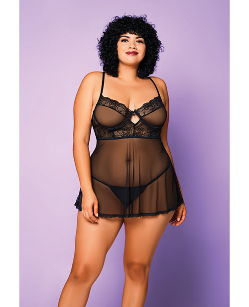 Glitter Soft Mesh Babydoll & G-String Black 1X