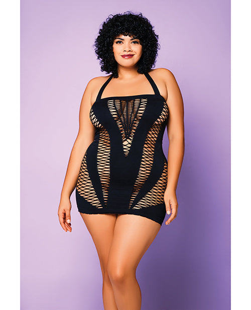 Glitter Heart of Chaos Seamless Chemise w/Halter Strap & Vertical V Cut Outs Black QN