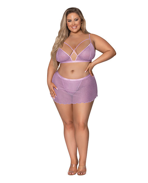 Exposed Girl Next Door Strappy Bralette w/Flirty Thong Skirt Lilac 2XL