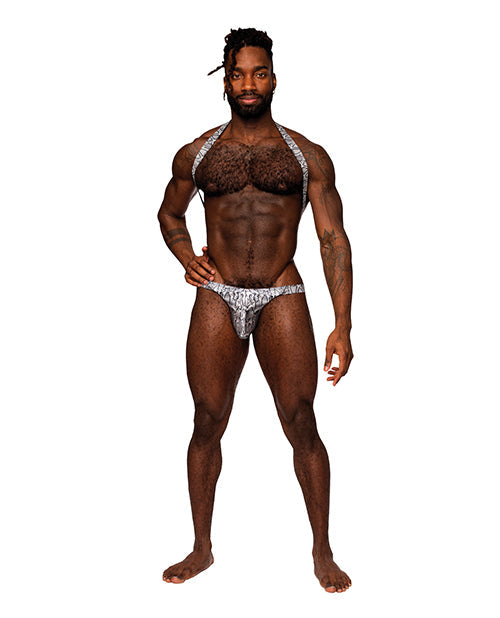 Male Power Snaked Metallic Coated Shoulder Sling Harness Thong Silver/Black L/XL