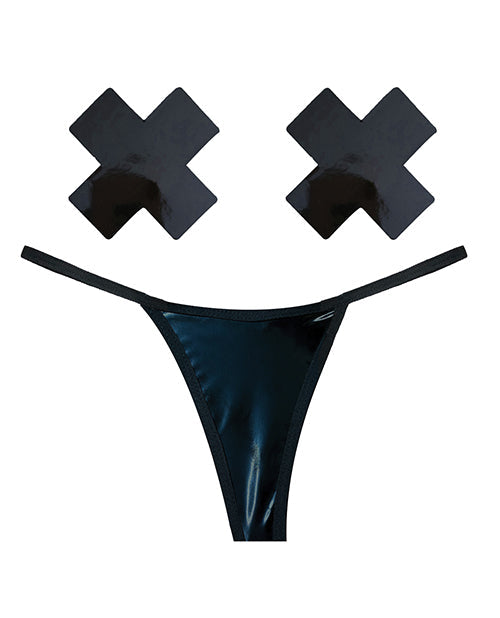Neva Nude Neva Nude Naughty Knix Dom Squad Wet Vinyl G-String & Pasties - Black O/S