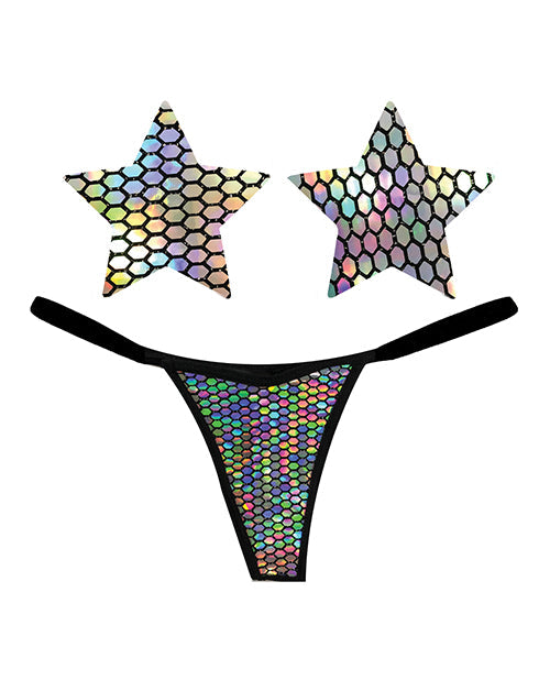 Neva Nude Neva Nude Naughty Knix Mirrored Mayhem Holographic G-String & Pasties - Black O/S
