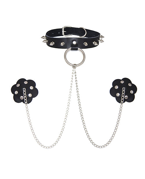 Neva Nude Neva Nude Burlesque Slave 4 U Chain Neck Choker Leather Reusable Silicone Pasties - Black O/S