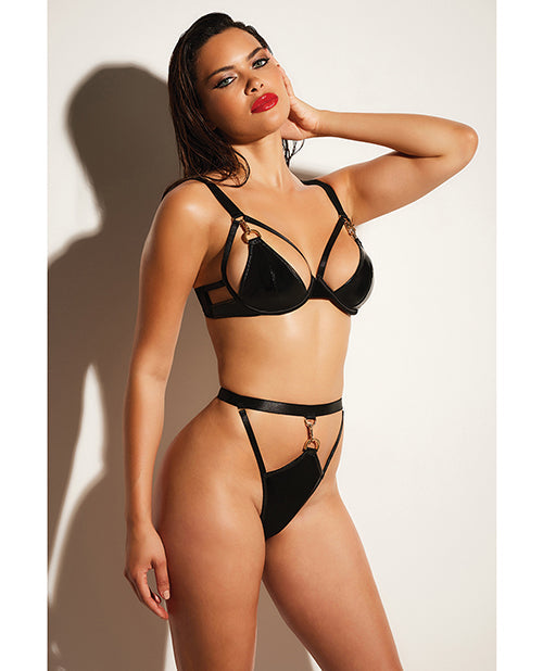 Fetish by Oh la la Cheri FETISH Excitement Unlined Underwire Vinyl Bra & Panty w/D-Ring & Metal Clasp Black LG