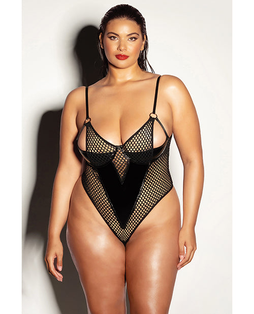 Fetish by Oh la la Cheri FETISH Frisky Fishnet & Vinyl Shelf Cup Peek A Boo Teddy Black 1X