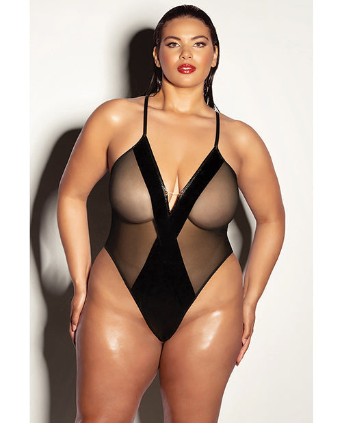 Fetish by Oh la la Cheri FETISH Finesse Soft Cup Vinyl & Mesh Teddy w/Barbell Black 1X/2X