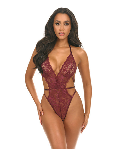 Oh La La Cheri Lina Lace Halter Teddy - Zinfandel L/XL