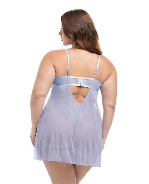 Oh La La Cheri Elsie Lace & Mesh Underwire Babydoll w/G-String 2 pc Set - Brunnera Blue 1X/2X