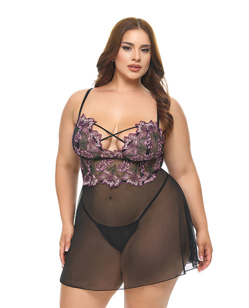 Oh La La Cheri Adela Embroidered Boned Lace and Mesh Babydoll w/G-String 2 pc Set - Black/Pink 1X