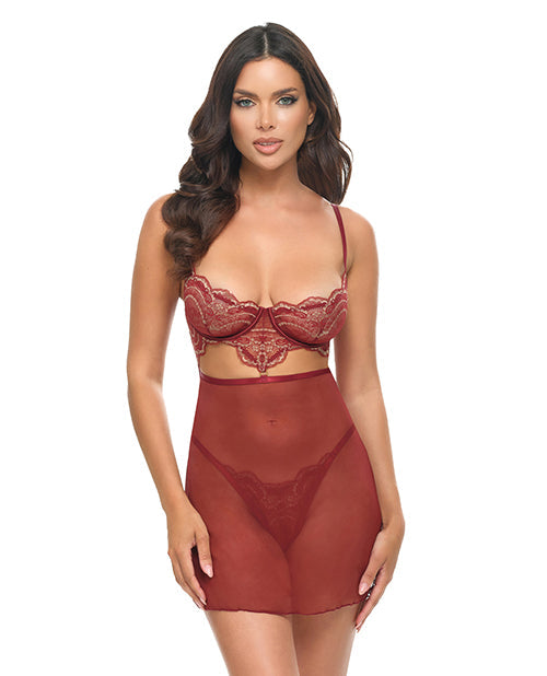 Oh La La Cheri Arielle Unlined Underwire Lace Babydoll w/G-String - Burgundy S/M
