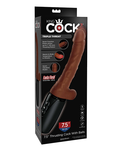 King Cock King Cock Plus Thrusting, Warming & Vibrating 7.5" Triple Threat Dong - Brown