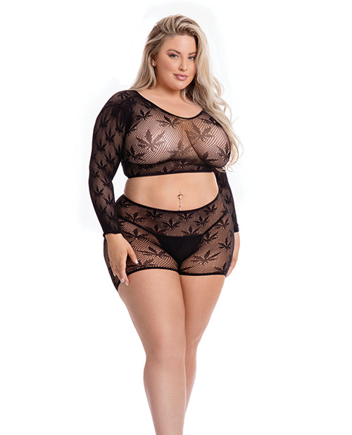 Pink Lipstick Pink Lipstick Leaf it to Me Long Sleeve Crop Top & Short Black QN