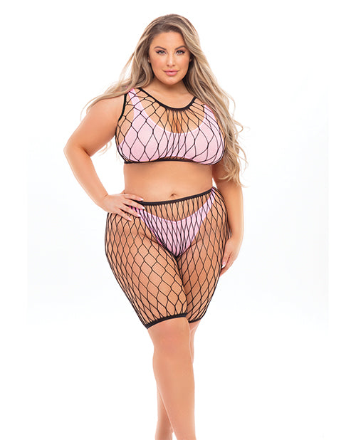 Pink Lipstick Pink Lipstick Brace for Impact Large Fishnet Top, Shorts, Bra & Thong (Fits up to 3X) PinkQN
