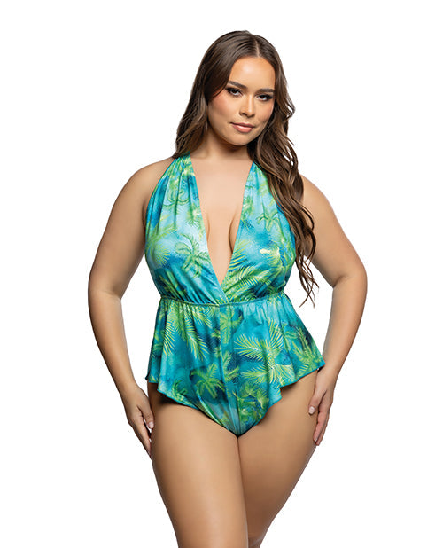 Tropical Dream Romper w/Jungle Print, Flared Leg Opening, & Cheeky Back - Green/Blue 1X/2X