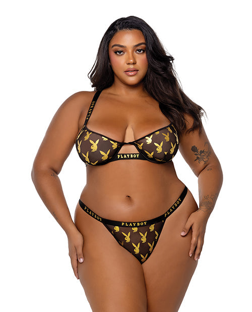Playboy by Roma Playboy Gold Foil Mesh & Satin Bralette w/Thong 2 pc Set - Black/Gold 2X