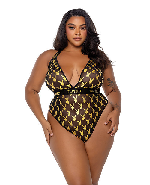 Playboy by Roma Playboy Bunny Gold Foil Halter Teddy - Black/Gold 2X