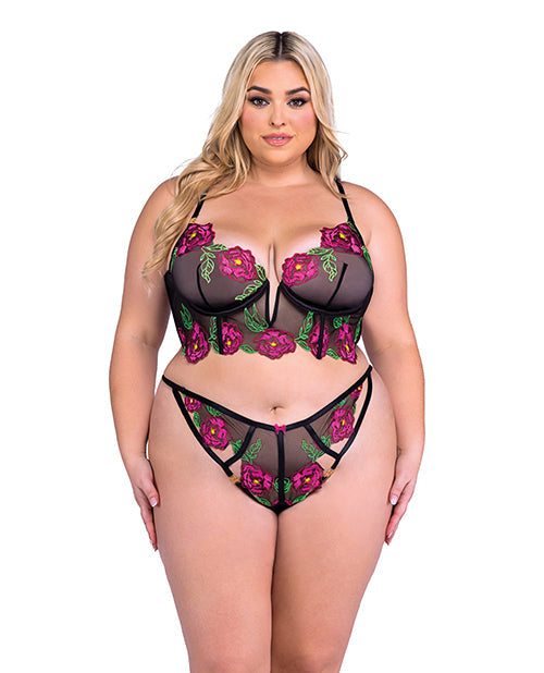 Roma Confidential Peony Paradise Underwire Bralette & G-String - Black 2X