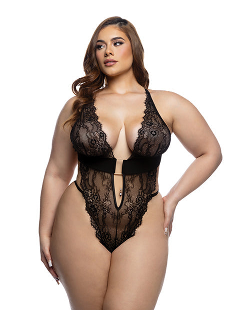 Roma Confidential Fever Dream Chantilly Eyelash Lace and Stretch Satin Teddy - Black 1X