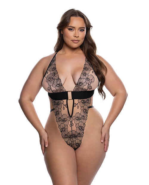 Roma Confidential Orchid Blossom Embroidered Teddy - Black/Nude 2X