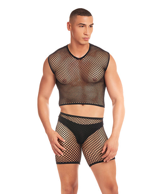 myluxurytoys Rainbow Party Net-Bula Large Mesh Long Brief 3 pc Set w/Thong - Black S/M