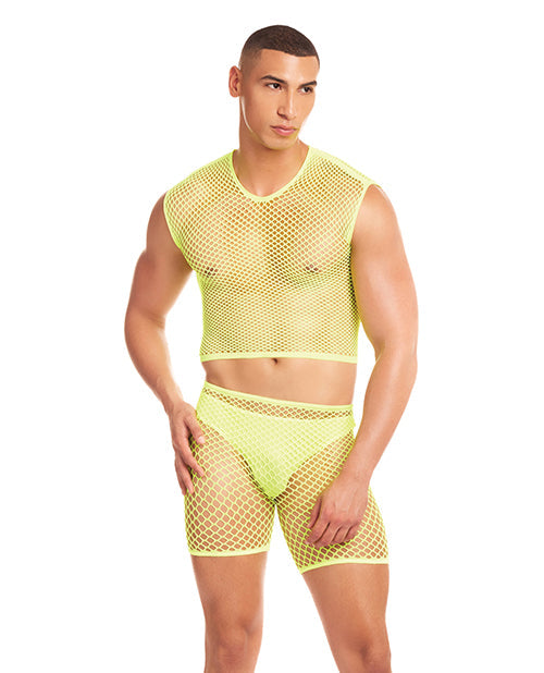 myluxurytoys Rainbow Party Net-Bula Large Mesh Long Brief 3 pc Set w/Thong - Yellow L/XL