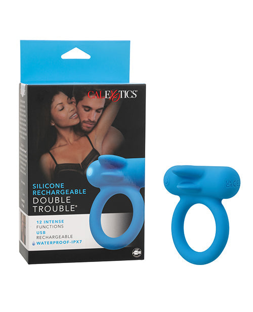 Couple's Enhancers Couple's Enhancer Silicone Rechargeable Double Trouble Enhancer w/Flickering Dual Teasers - Blue