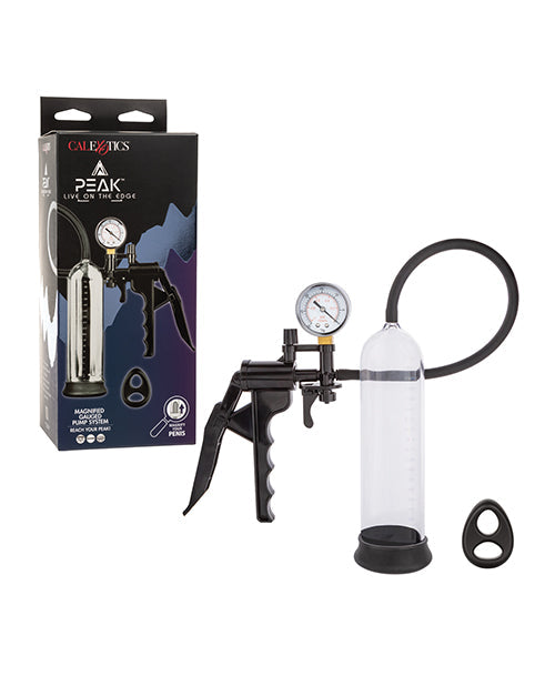 Peak Peak Magnified Gauged Penis Pump System w/Cock & Ball Ring - Black