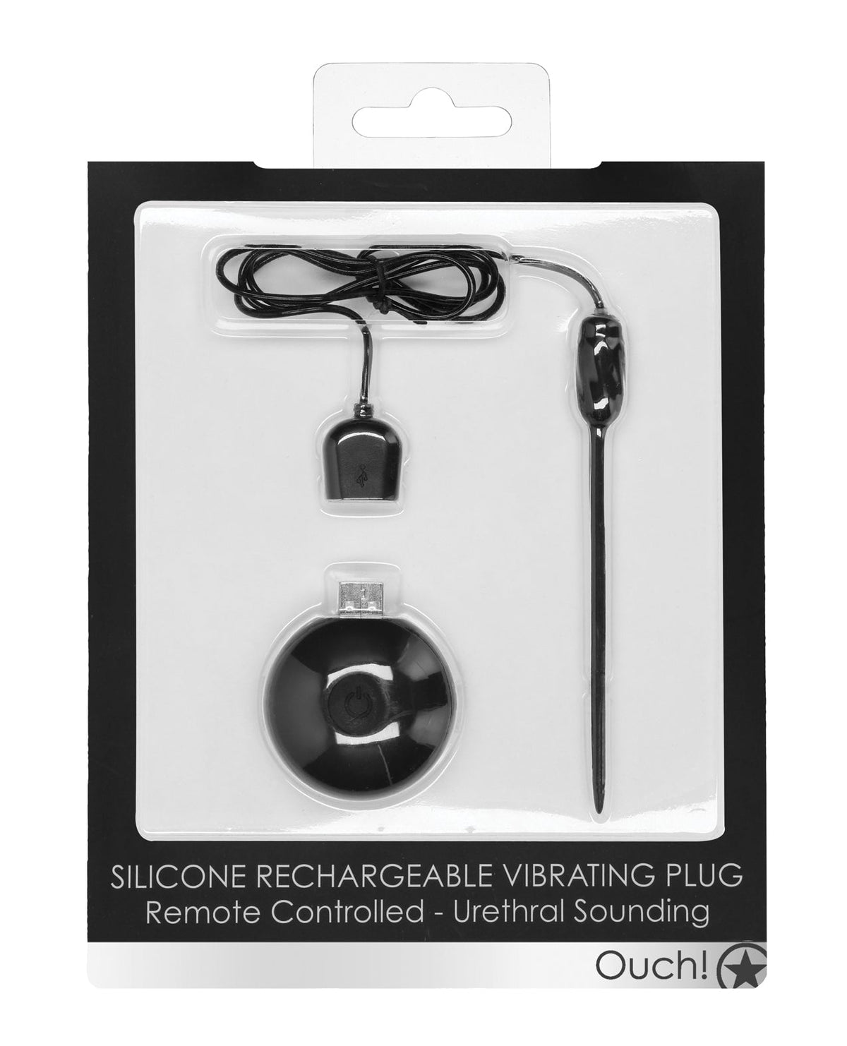 Ouch Shots Ouch Urethral Sounding Silicone Rechargeable & Remote Controlled Vibrating Plug - Black