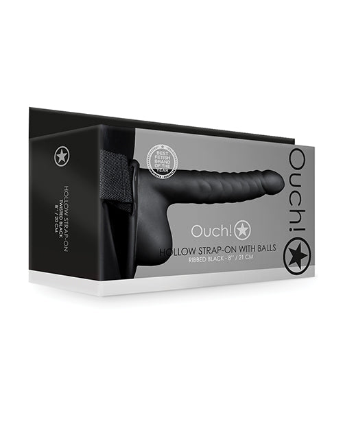 Ouch Shots Ouch 8" Ribbed Hollow Strap On w/Balls - Black