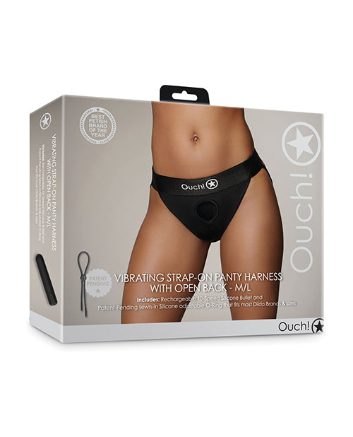 Ouch Shots Ouch Vibrating Strap On Panty Harness w/Open Back - Black M/L