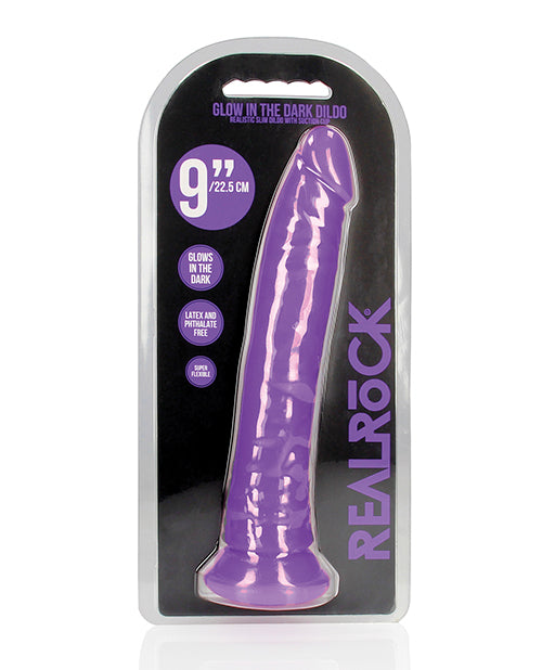 RealRock Shots RealRock 9" Slim Dildo Glow in the Dark - Neon Purple