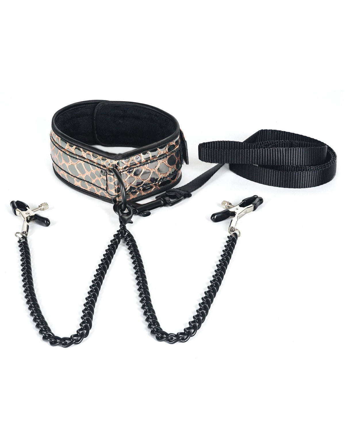 Spartacus Spartacus Faux Leather Collar & Leash w/Black Nipple Clamps - Gold
