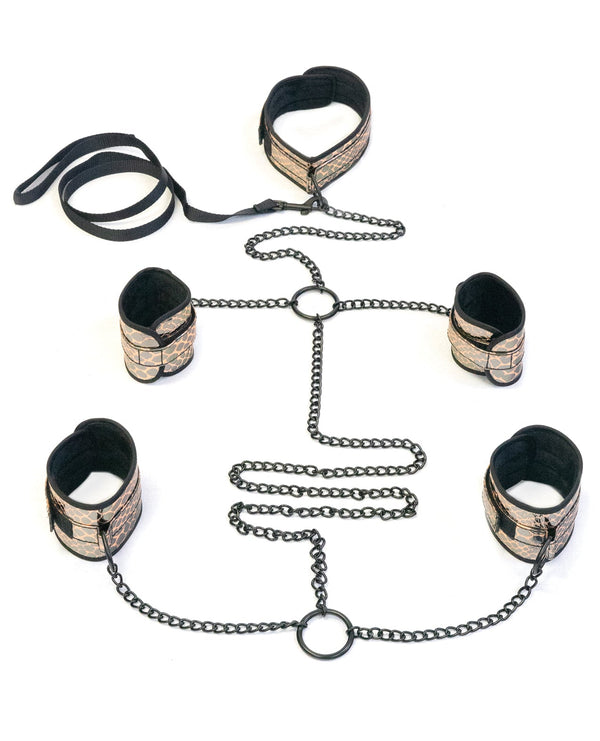 Spartacus Spartacus Faux Leather Collar to Wrist & Ankle Restraints Bondage Kit w/Leash - Gold