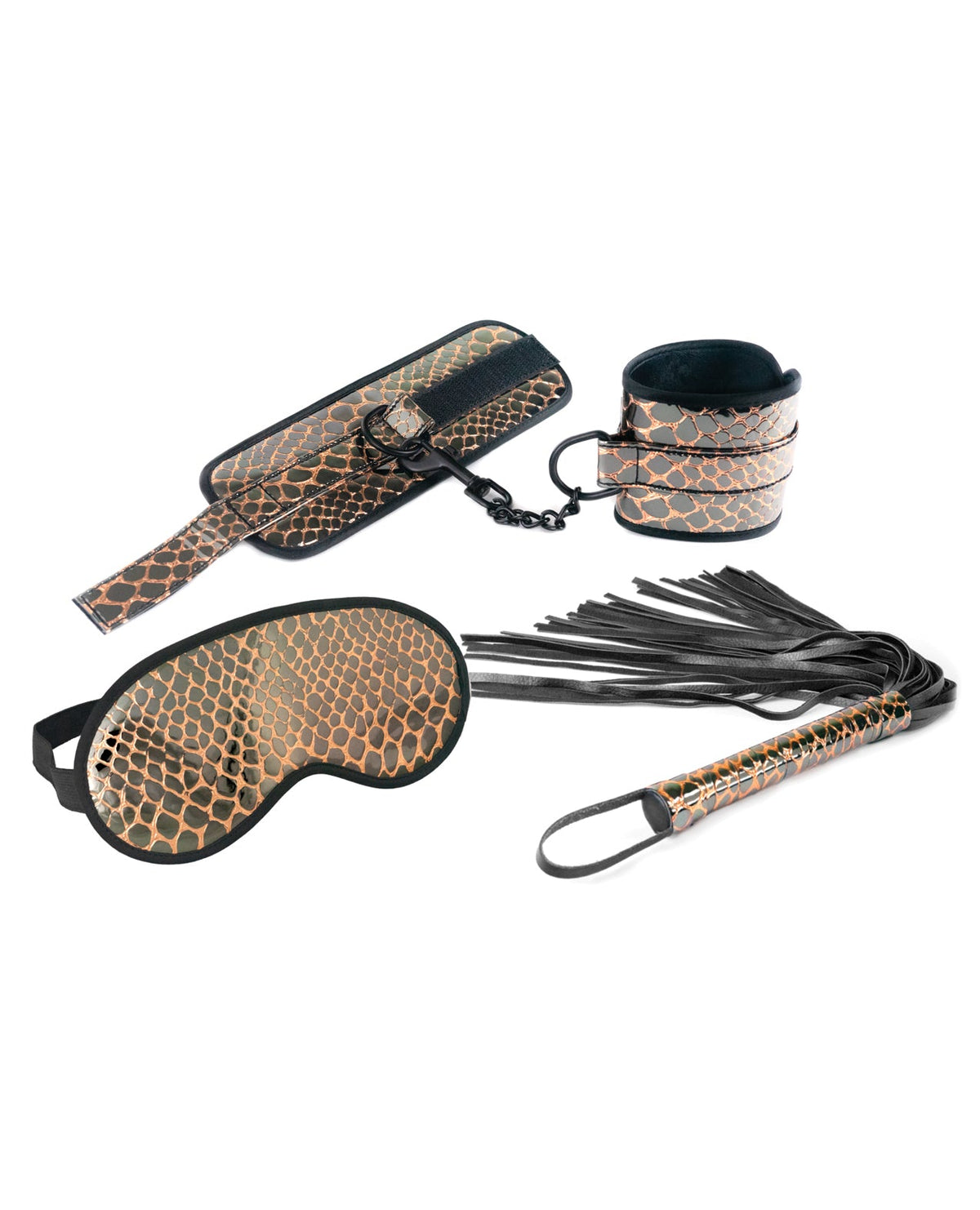 Spartacus Spartacus Faux Leather Wrist Restraints Blindfold & Flogger Bondage Kit - Gold