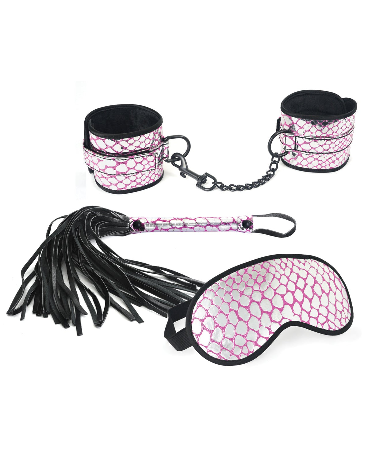 Spartacus Spartacus Faux Leather Wrist Restraints Blindfold & Flogger Bondage Kit - Pink