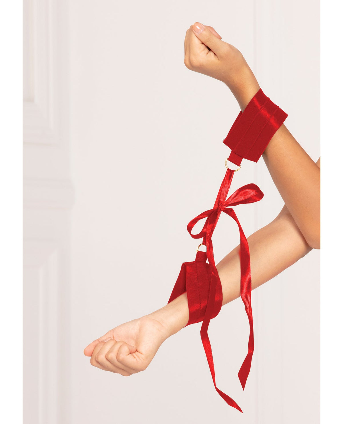 Seven 'til Midnight Satin Elastic Cuffs D-Ring & Satin Ribbon Tie Red O/S