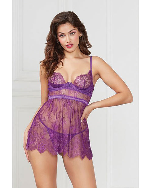 Seven 'til Midnight Floral Eyelash Lace Underwire Babydoll w/Thong 2 pc Set - Purple MD