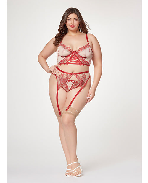 Seven 'til Midnight Sheer Stretch Mesh w/Floral Contrast Embroidery Bustier, Garter Belt & Thong Red/Nude 1X/2X