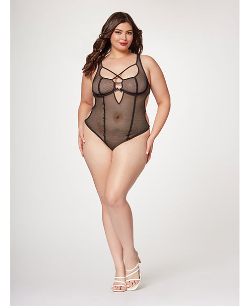 Seven 'til Midnight Fishnet Strappy High Cut Leg Teddy Black 1X/2X