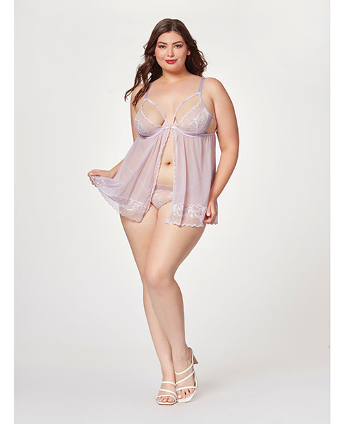 Seven 'til Midnight Sheer Mesh & Lace Demi Cup Babydoll & Thong Lavender 3X/4X