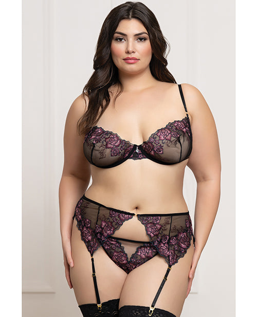 Seven 'til Midnight Floral Lace and Mesh Underwire Bra w/Garter & Thong 3 pc Set - Black/Purple 1X/2X