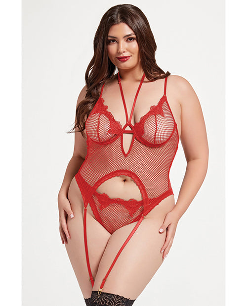 Seven 'til Midnight Stretch Mesh and Lace Cami w/Thong 2 pc Set - Red QN