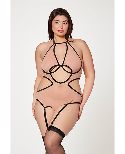 Seven 'til Midnight Mesh Cut Out Halter Teddy Nude/Black QN