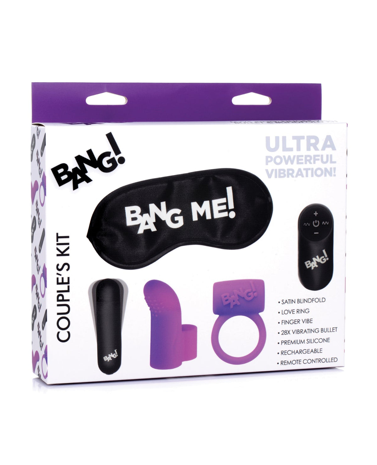 Bang! Bang! Couple's Kit with RC Bullet, Blindfold, Cock Ring & Finger Vibe - Purple